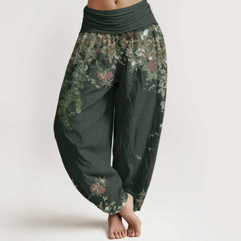 Nimara Ritual Cotton Casual Red Peony Flower Vine Design Women's Elastic Waist Harem Pants