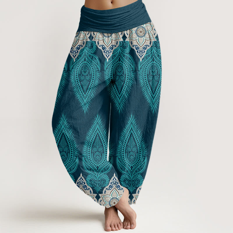 Nimara Ritual Cotton Casual Feather Flower Design Women's Elastic Waist Harem Pants