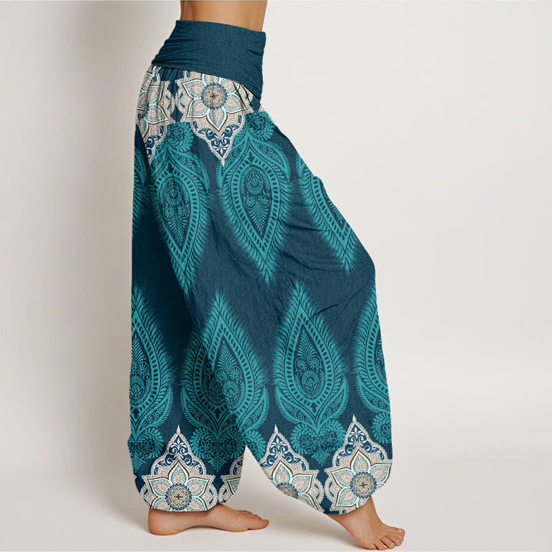 Nimara Ritual Cotton Casual Feather Flower Design Women's Elastic Waist Harem Pants