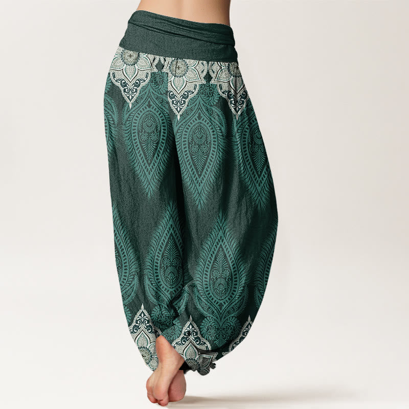 Nimara Ritual Cotton Casual Feather Flower Design Women's Elastic Waist Harem Pants