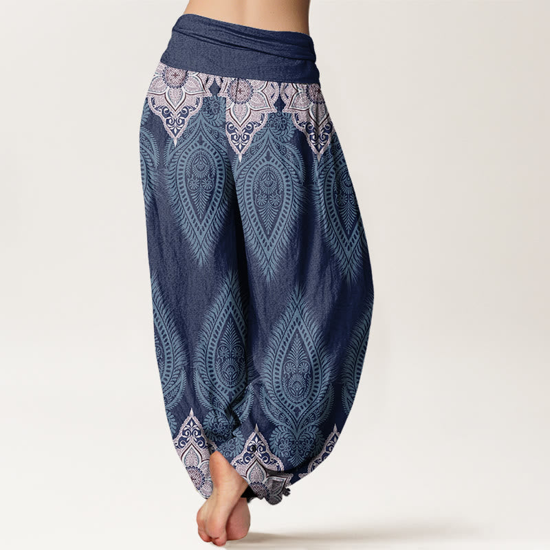 Nimara Ritual Cotton Casual Feather Flower Design Women's Elastic Waist Harem Pants