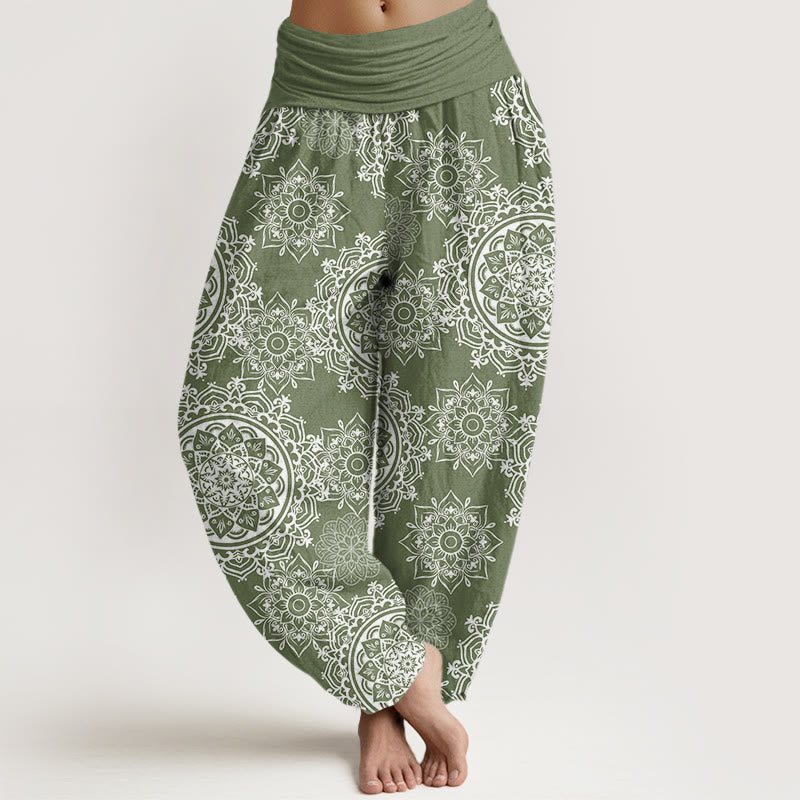 Nimara Ritual Cotton Casual White Mandala Flower Design Women's Elastic Waist Harem Pants