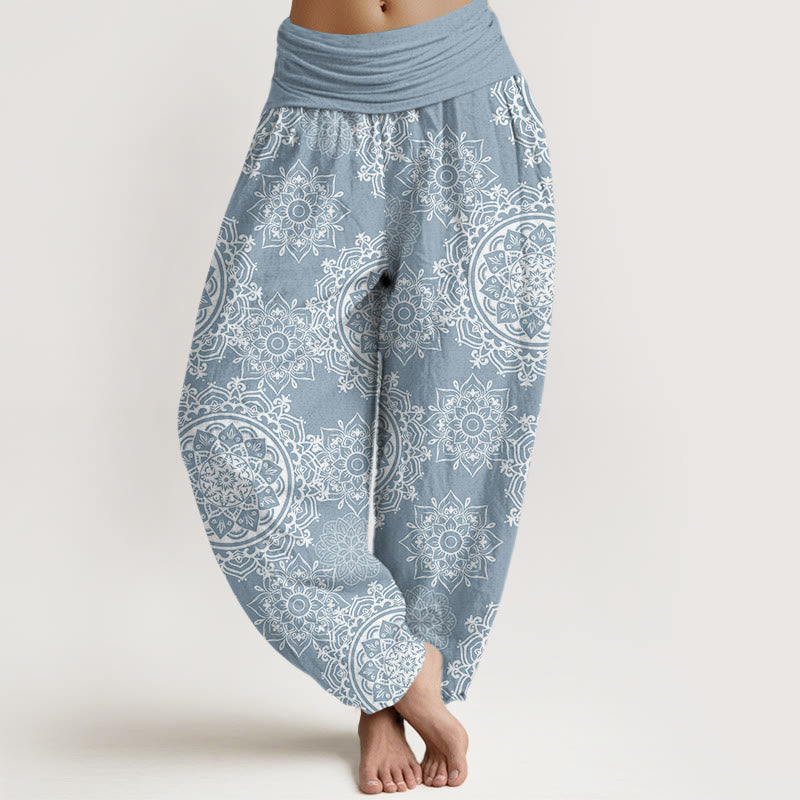 Nimara Ritual Cotton Casual White Mandala Flower Design Women's Elastic Waist Harem Pants