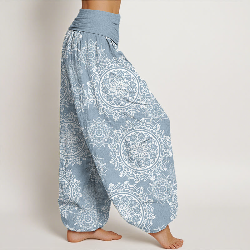 Nimara Ritual Cotton Casual White Mandala Flower Design Women's Elastic Waist Harem Pants