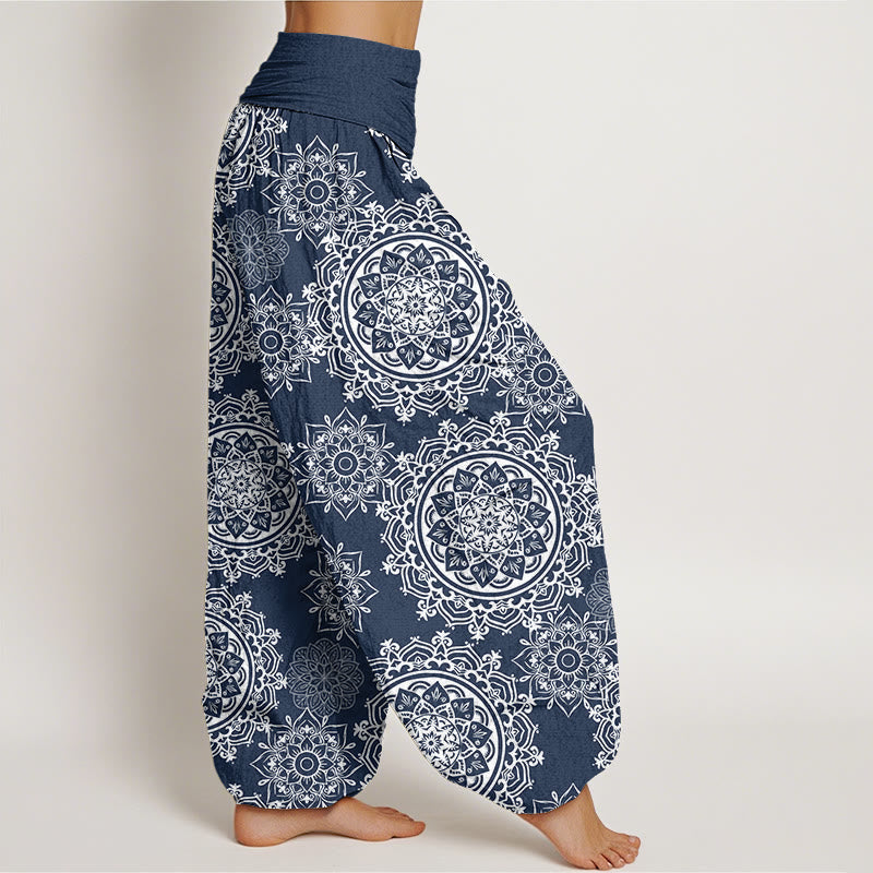 Nimara Ritual Cotton Casual White Mandala Flower Design Women's Elastic Waist Harem Pants