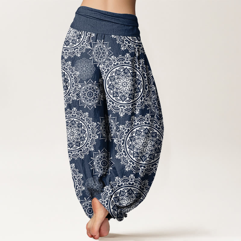 Nimara Ritual Cotton Casual White Mandala Flower Design Women's Elastic Waist Harem Pants