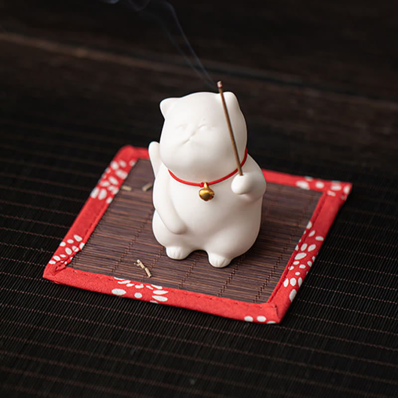 Nimara Ritual Cat Bell Bamboo Mat Healing Ceramic Incense Burner Desk Decoration