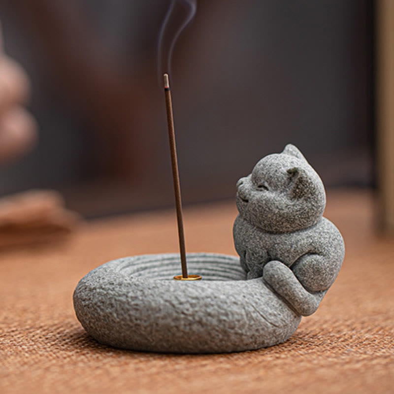 Nimara Ritual Cute Lazy Standing Cat Healing Incense Burner Desk Decoration