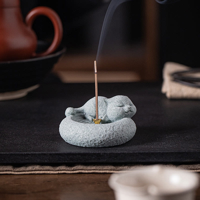 Nimara Ritual Cute Lazy Standing Cat Healing Incense Burner Desk Decoration