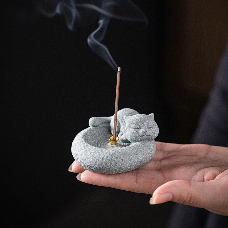 Nimara Ritual Cute Lazy Standing Cat Healing Incense Burner Desk Decoration