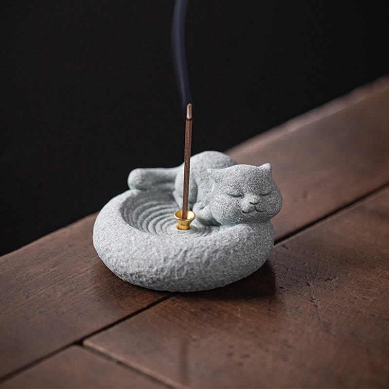 Nimara Ritual Cute Lazy Standing Cat Healing Incense Burner Desk Decoration