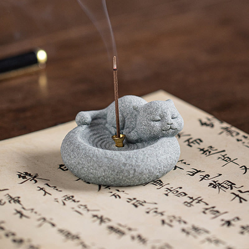 Nimara Ritual Cute Lazy Standing Cat Healing Incense Burner Desk Decoration