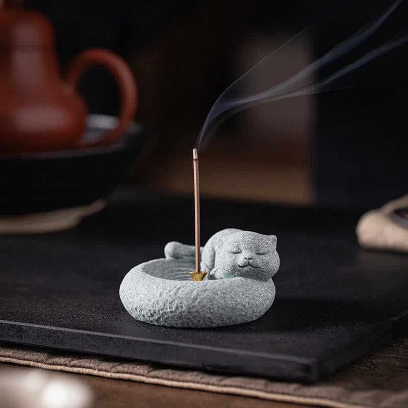 Nimara Ritual Cute Lazy Standing Cat Healing Incense Burner Desk Decoration