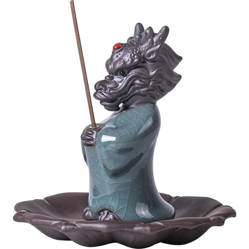 Nimara Ritual Praying Dragon King Lotus Base Fu Character Ceramic Healing Incense Burner Desk Decoration