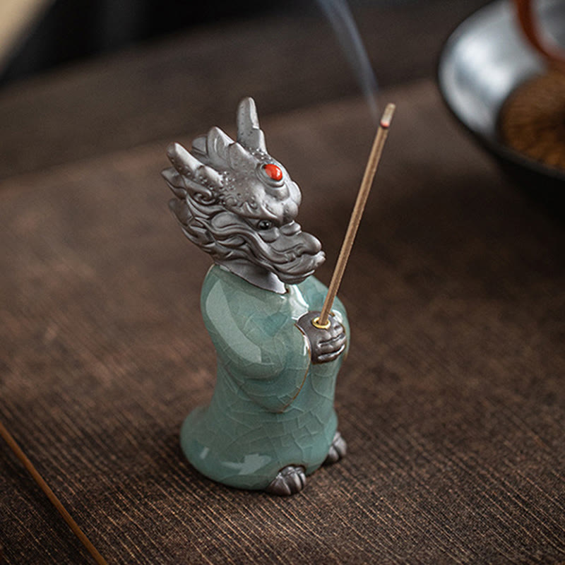 Nimara Ritual Praying Dragon King Lotus Base Fu Character Ceramic Healing Incense Burner Desk Decoration