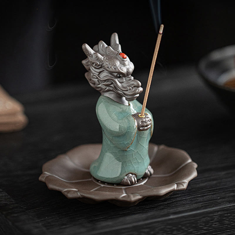 Nimara Ritual Praying Dragon King Lotus Base Fu Character Ceramic Healing Incense Burner Desk Decoration