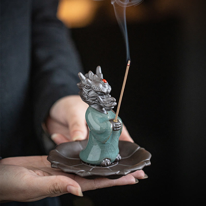 Nimara Ritual Praying Dragon King Lotus Base Fu Character Ceramic Healing Incense Burner Desk Decoration