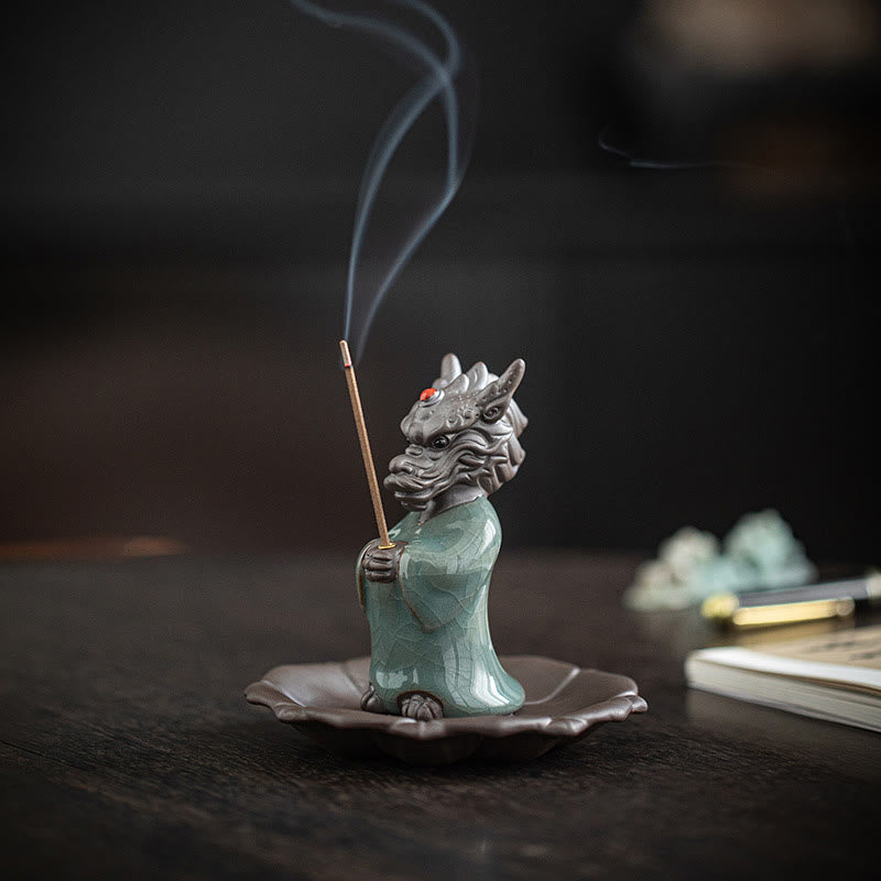 Nimara Ritual Praying Dragon King Lotus Base Fu Character Ceramic Healing Incense Burner Desk Decoration