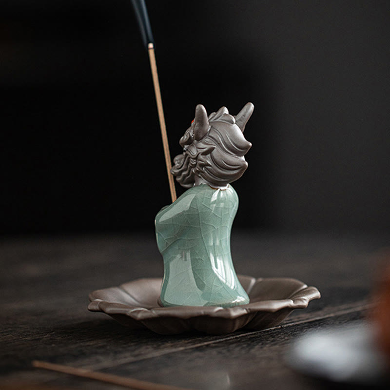 Nimara Ritual Praying Dragon King Lotus Base Fu Character Ceramic Healing Incense Burner Desk Decoration