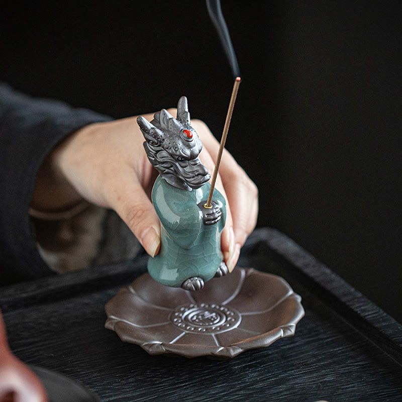 Nimara Ritual Praying Dragon King Lotus Base Fu Character Ceramic Healing Incense Burner Desk Decoration
