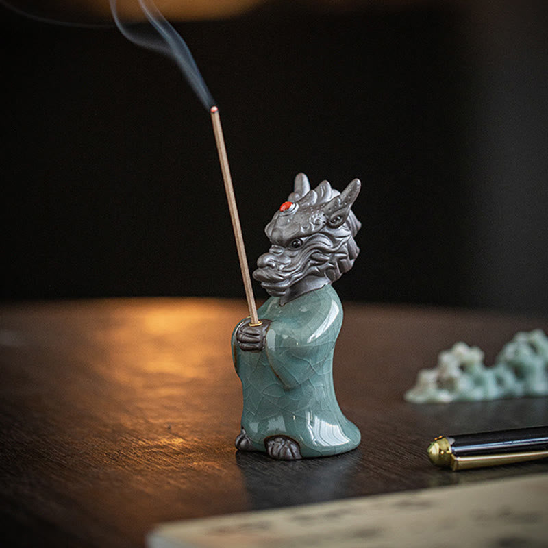Nimara Ritual Praying Dragon King Lotus Base Fu Character Ceramic Healing Incense Burner Desk Decoration
