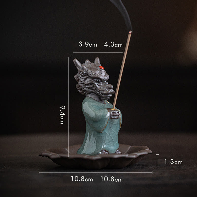 Nimara Ritual Praying Dragon King Lotus Base Fu Character Ceramic Healing Incense Burner Desk Decoration