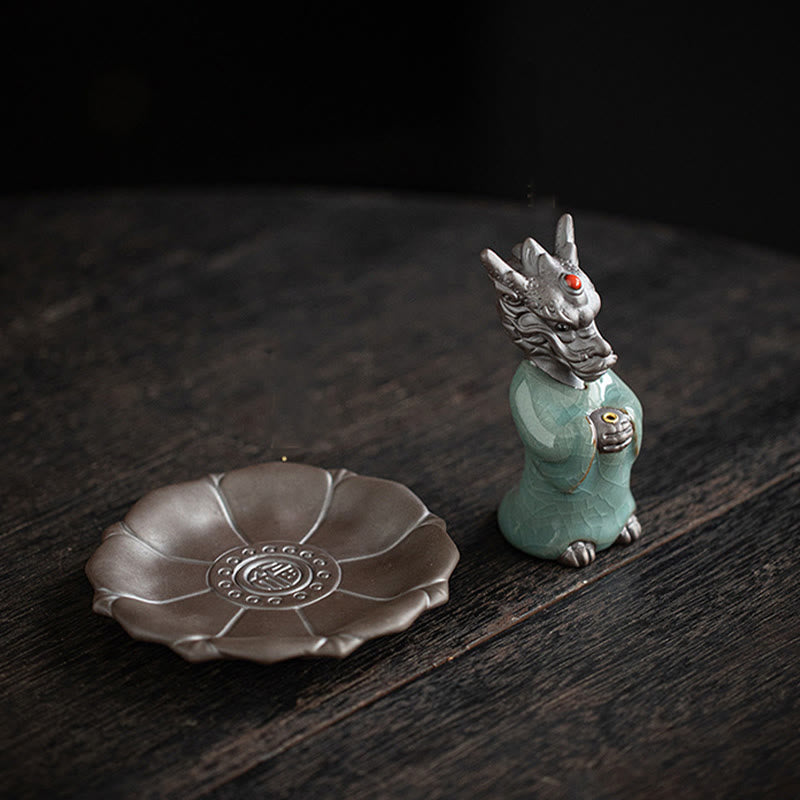 Nimara Ritual Praying Dragon King Lotus Base Fu Character Ceramic Healing Incense Burner Desk Decoration