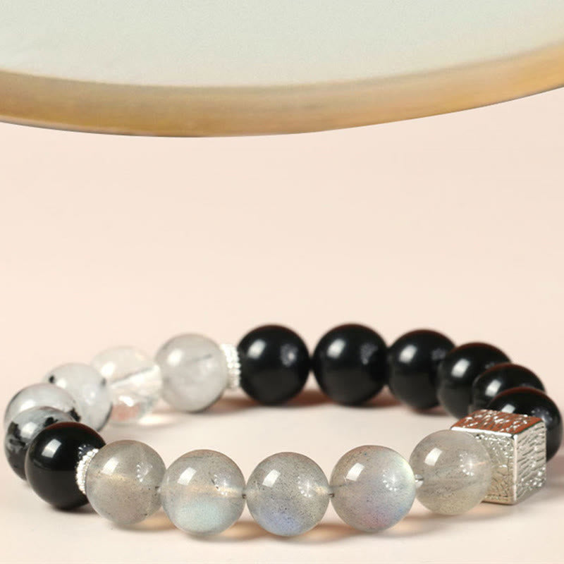 Nimara Ritual Black Obsidian Black Rutilated Quartz Moonstone Cube Strength Bracelet