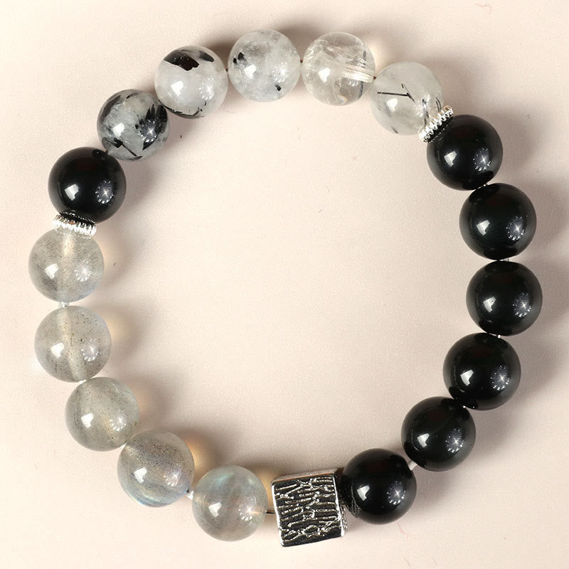 Nimara Ritual Black Obsidian Black Rutilated Quartz Moonstone Cube Strength Bracelet