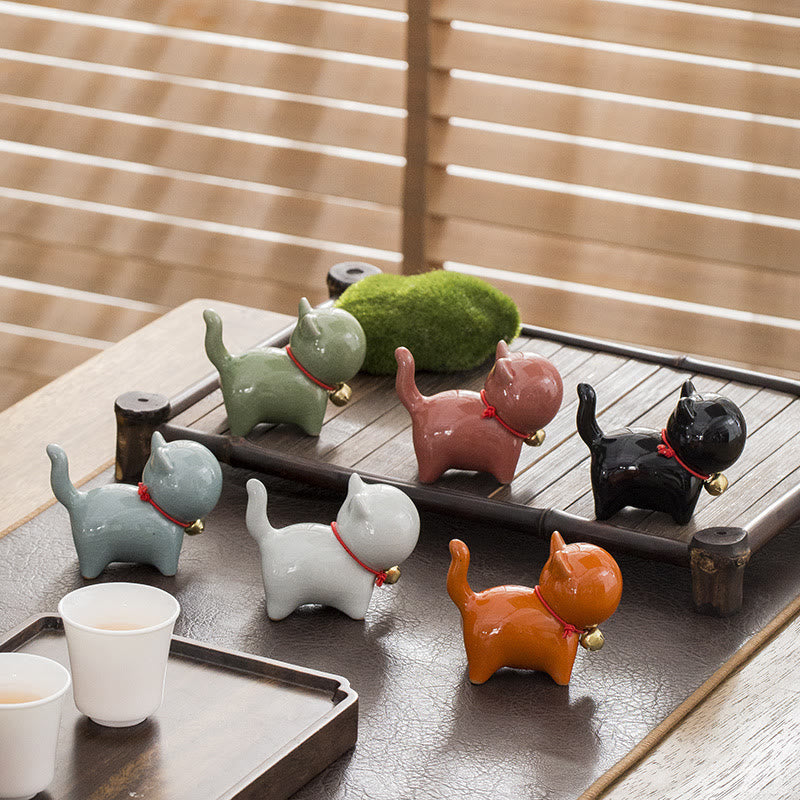 Nimara Ritual Mini Cute Lucky Bell Cat Tea Pet Ceramic Home Desk Figurine Decoration