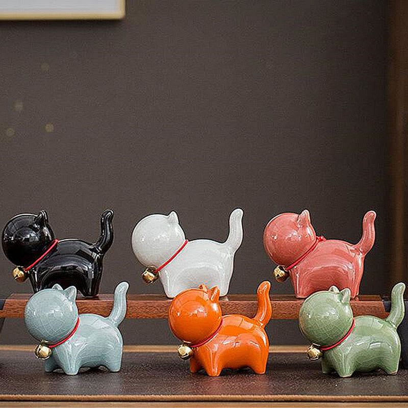 Nimara Ritual Mini Cute Lucky Bell Cat Tea Pet Ceramic Home Desk Figurine Decoration