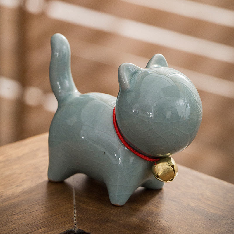 Nimara Ritual Mini Cute Lucky Bell Cat Tea Pet Ceramic Home Desk Figurine Decoration