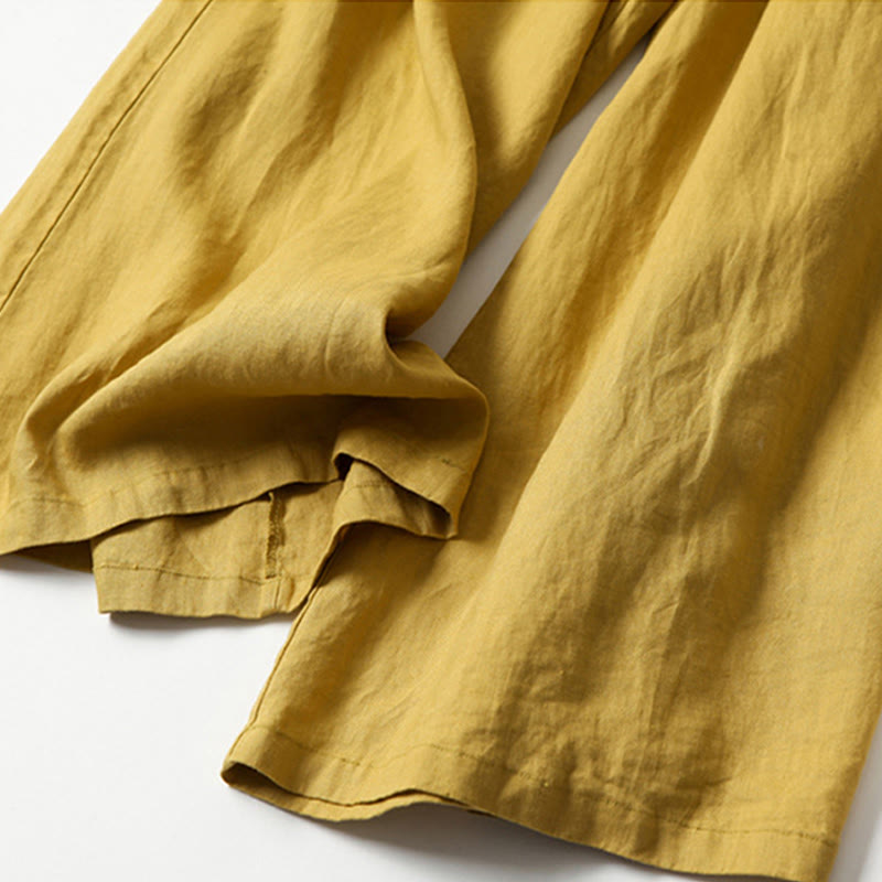 Nimara Ritual Plain Color Cotton Linen High Waist Wide Leg Pants With Pockets