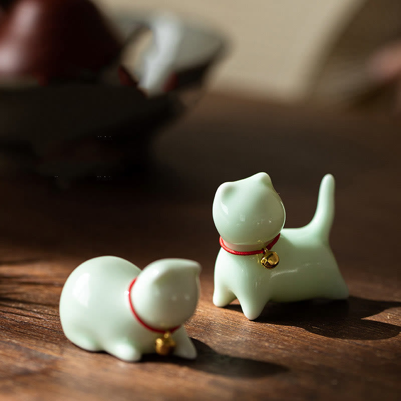 Nimara Ritual Mini Cute Standing Lying Cat Tea Pet Ceramic Home Desk Figurine Decoration