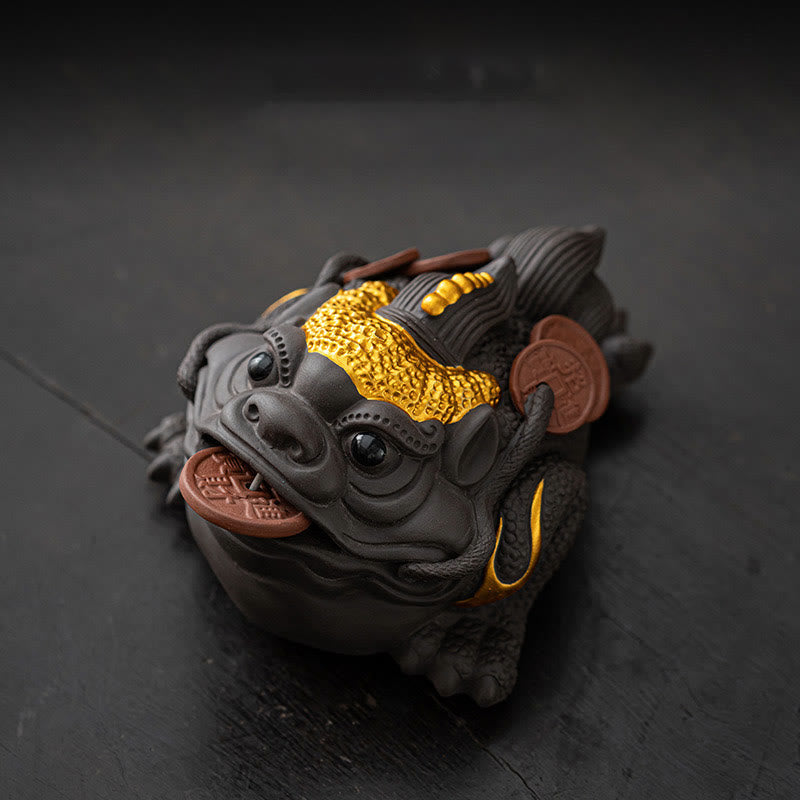 Nimara Ritual Feng Shui Frog Toad Copper Coins Ceramic Purple Clay Wealth Home Tea Pet Figurine Decoration