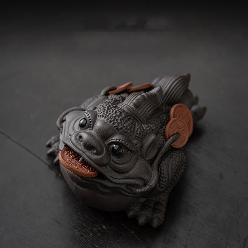 Nimara Ritual Feng Shui Frog Toad Copper Coins Ceramic Purple Clay Wealth Home Tea Pet Figurine Decoration