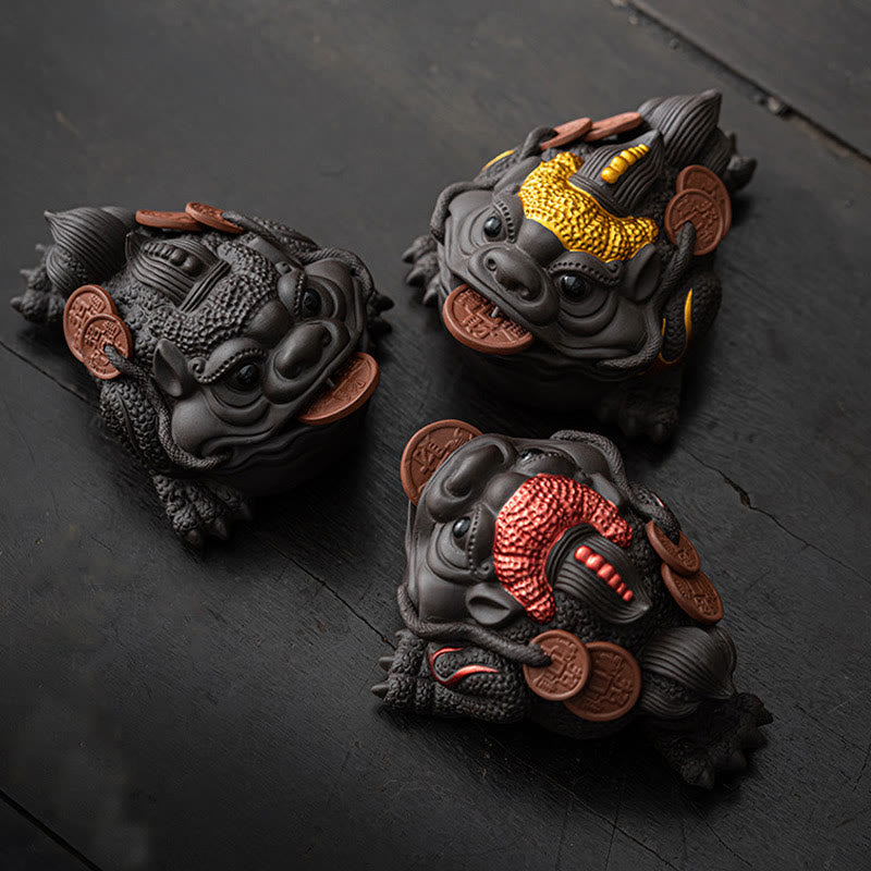 Nimara Ritual Feng Shui Frog Toad Copper Coins Ceramic Purple Clay Wealth Home Tea Pet Figurine Decoration