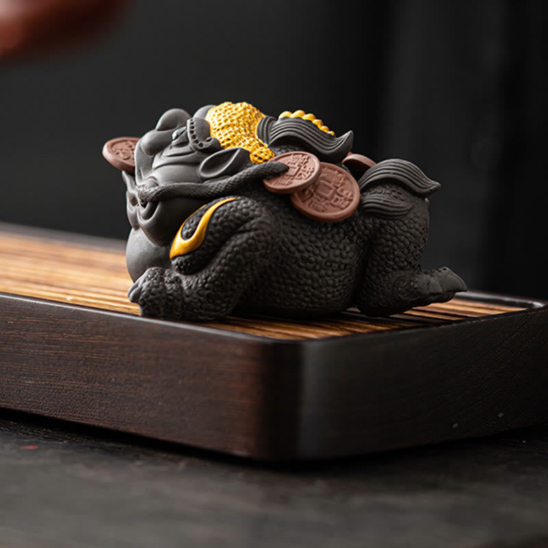 Nimara Ritual Feng Shui Frog Toad Copper Coins Ceramic Purple Clay Wealth Home Tea Pet Figurine Decoration