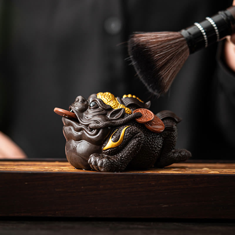 Nimara Ritual Feng Shui Frog Toad Copper Coins Ceramic Purple Clay Wealth Home Tea Pet Figurine Decoration