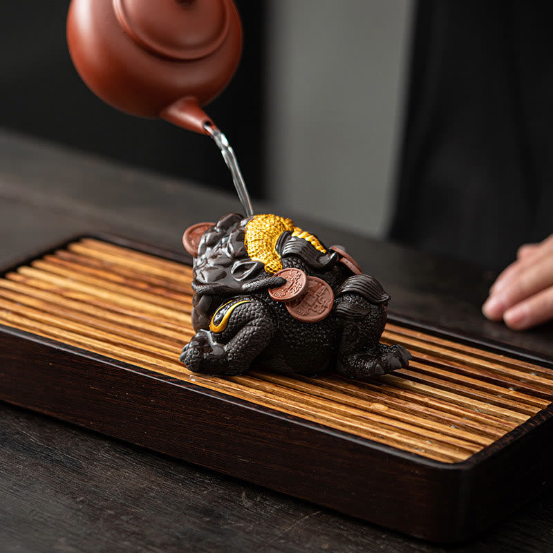 Nimara Ritual Feng Shui Frog Toad Copper Coins Ceramic Purple Clay Wealth Home Tea Pet Figurine Decoration