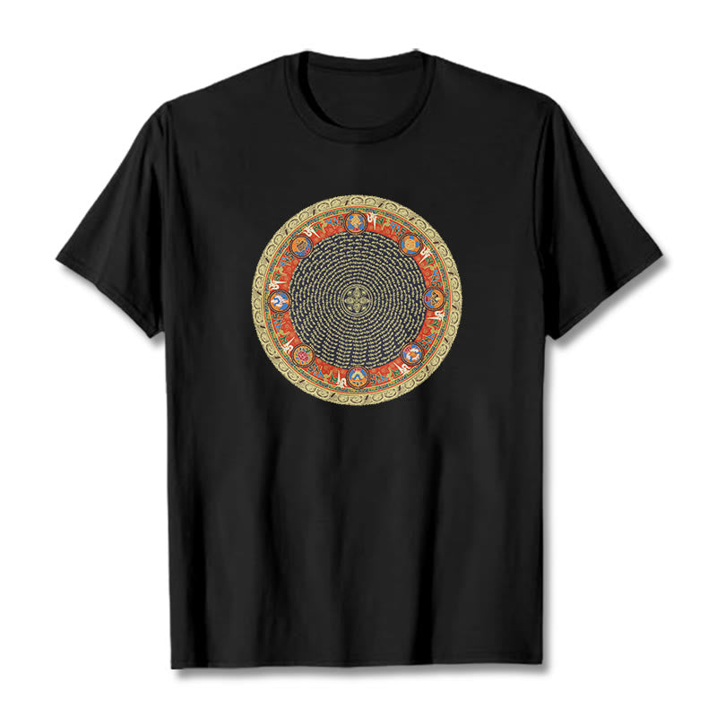 Nimara Ritual Circular Om Mani Padme Hum Eight Auspicious Symbols Cotton Tee T-shirt