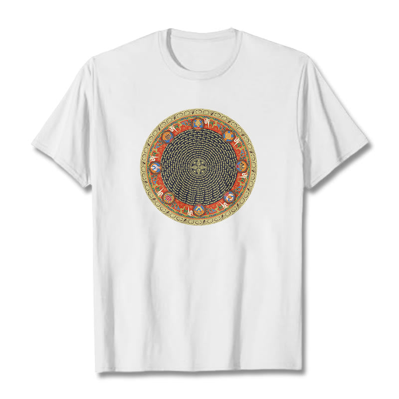 Nimara Ritual Circular Om Mani Padme Hum Eight Auspicious Symbols Cotton Tee T-shirt
