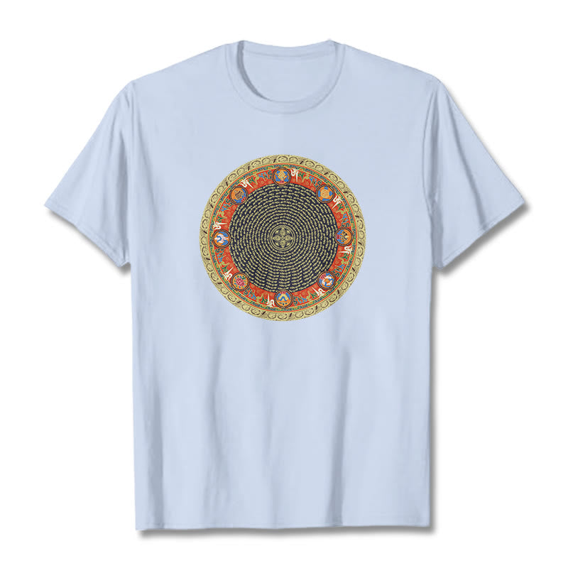 Nimara Ritual Circular Om Mani Padme Hum Eight Auspicious Symbols Cotton Tee T-shirt