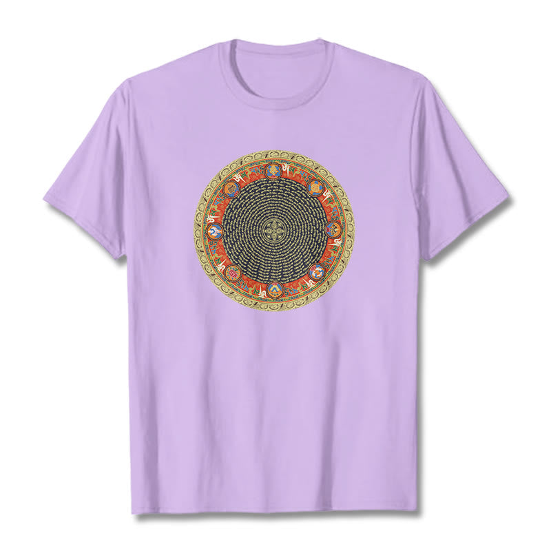Nimara Ritual Circular Om Mani Padme Hum Eight Auspicious Symbols Cotton Tee T-shirt
