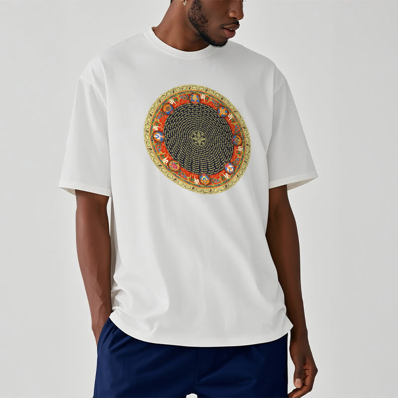 Nimara Ritual Circular Om Mani Padme Hum Eight Auspicious Symbols Cotton Tee T-shirt