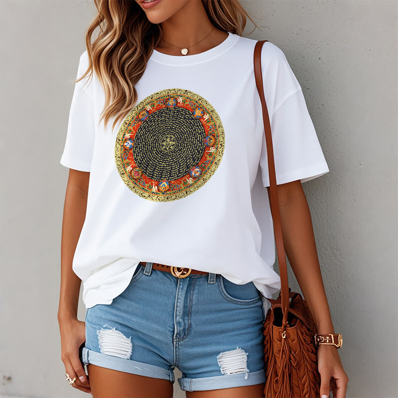 Nimara Ritual Circular Om Mani Padme Hum Eight Auspicious Symbols Cotton Tee T-shirt