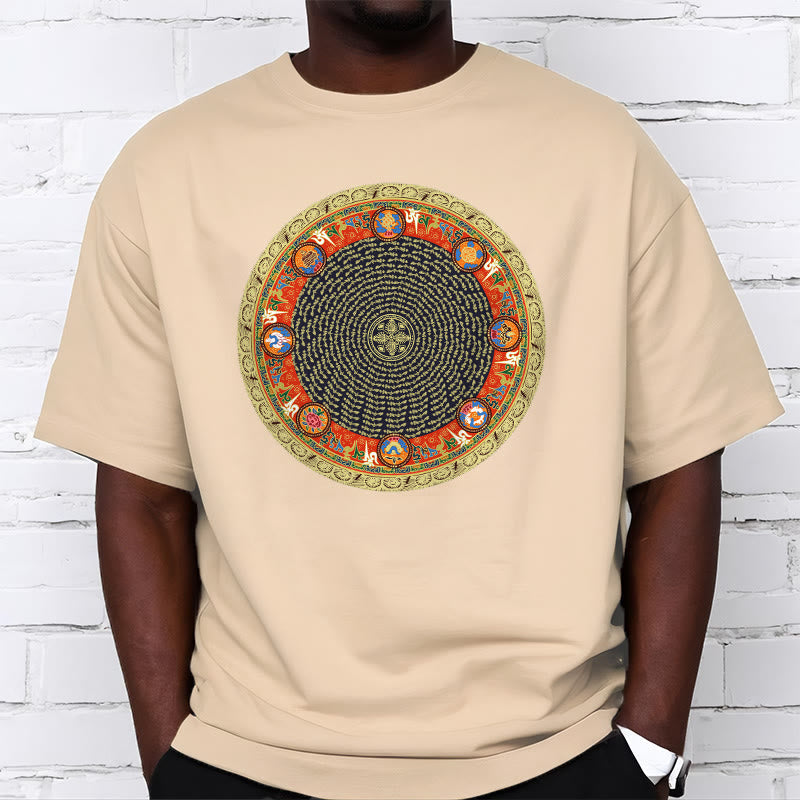 Nimara Ritual Circular Om Mani Padme Hum Eight Auspicious Symbols Cotton Tee T-shirt