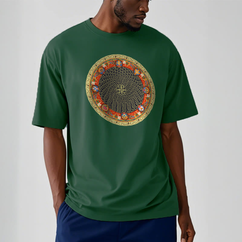 Nimara Ritual Circular Om Mani Padme Hum Eight Auspicious Symbols Cotton Tee T-shirt
