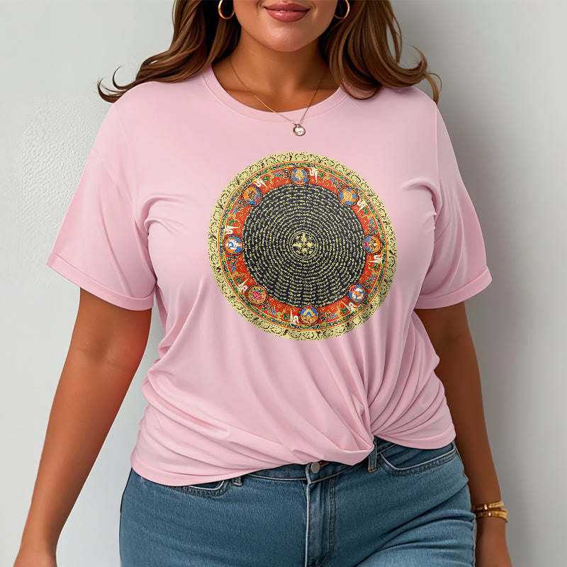 Nimara Ritual Circular Om Mani Padme Hum Eight Auspicious Symbols Cotton Tee T-shirt