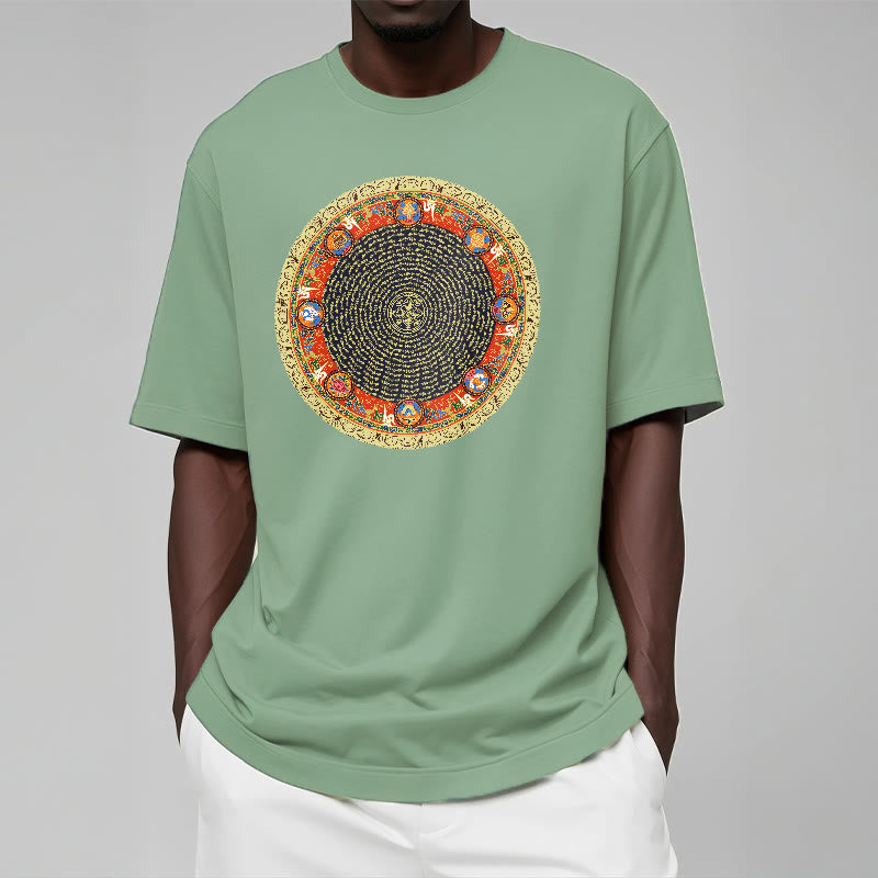 Nimara Ritual Circular Om Mani Padme Hum Eight Auspicious Symbols Cotton Tee T-shirt